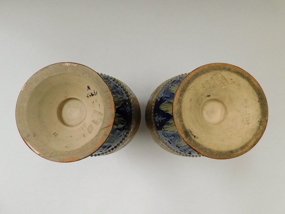 Two Doulton Lambeth and Slaters stoneware vases, of ovoid form, enamelled with turquoise and white - Image 3 of 5
