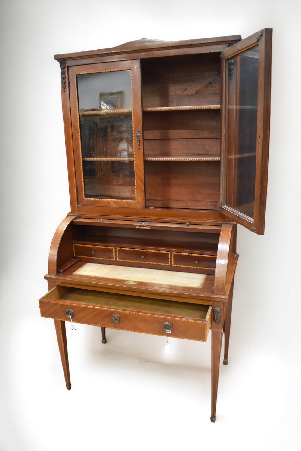 An Edwardian glazed writing bureau with cabinet top and inlaid design. - Image 2 of 2