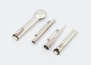 Boutonnieres: a collection of four stylish silver buttonhole posy holders, one pendulum shaped,