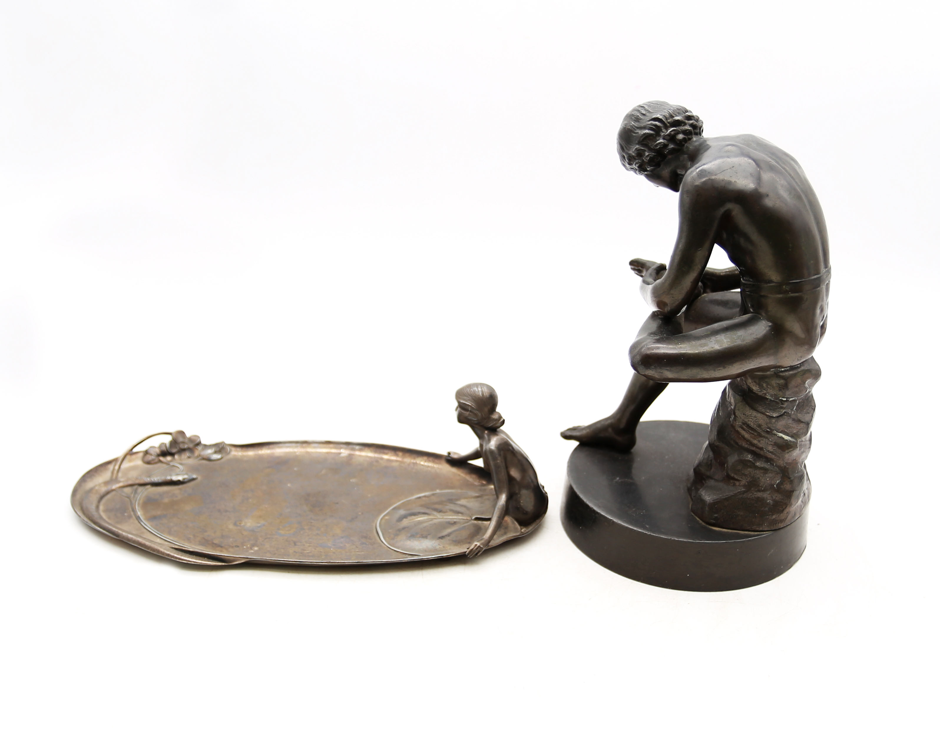 An early 20th Century WMF art nouveau pin dish along with a spelter figure of a classical man. - Image 2 of 7