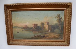 Italian school 19th Century oil on canvas of Ruins next to lake within period gilt frame,