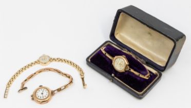 A collection of three 9ct gold ladies wristwatches, including a 1960's UNO watch with small