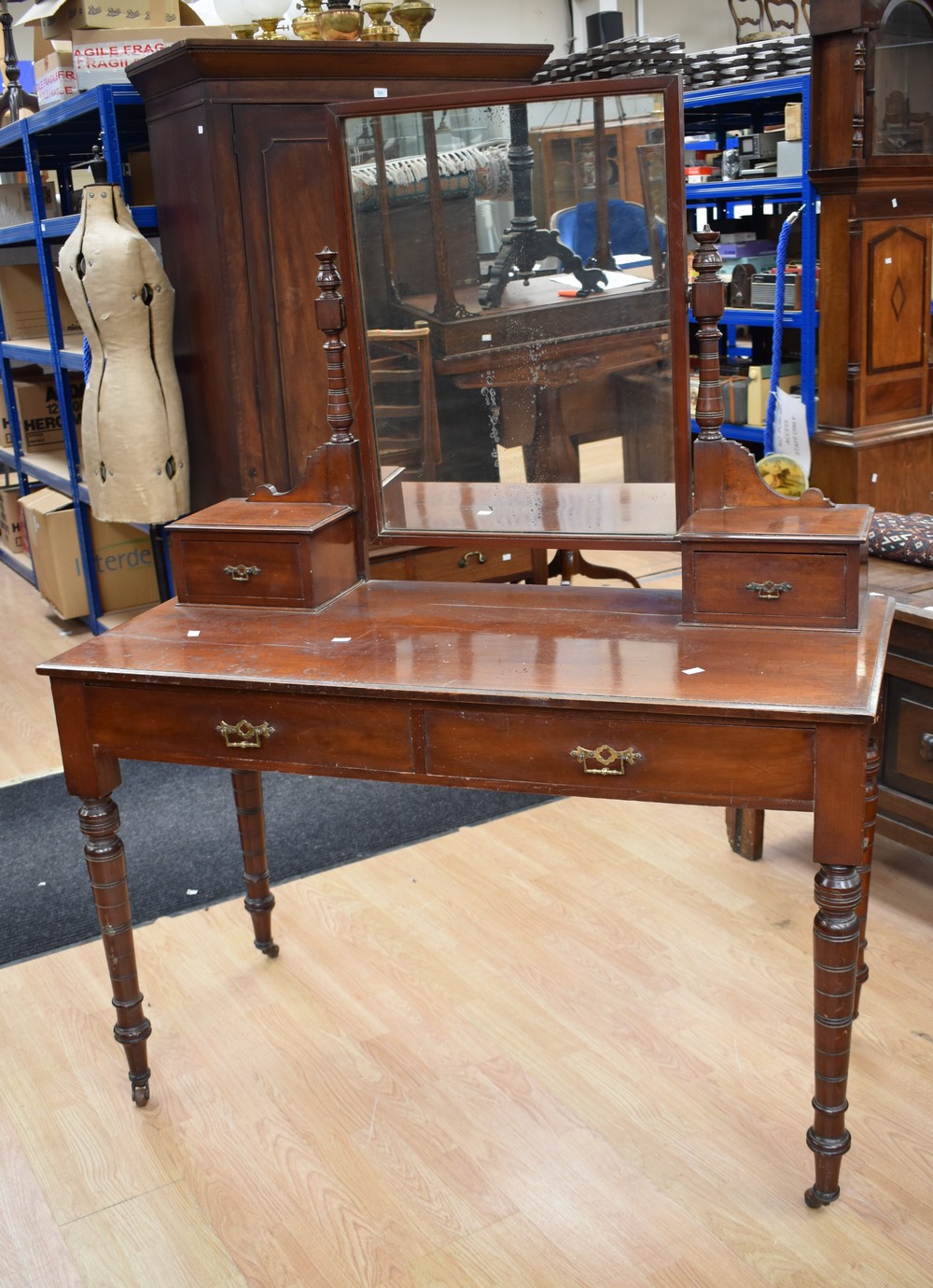 A Victorian mahogany bedroom dressing table with two top side drawers, two drawers to frieze, - Image 2 of 2