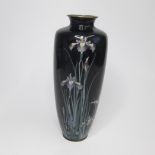 A Japanese Cloisonne Vase black enamelled ground decorated with Iris between silver wire. Date: Late