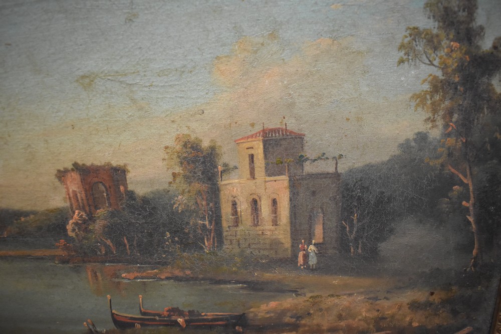 Italian school 19th Century oil on canvas of Ruins next to lake within period gilt frame, - Image 2 of 3