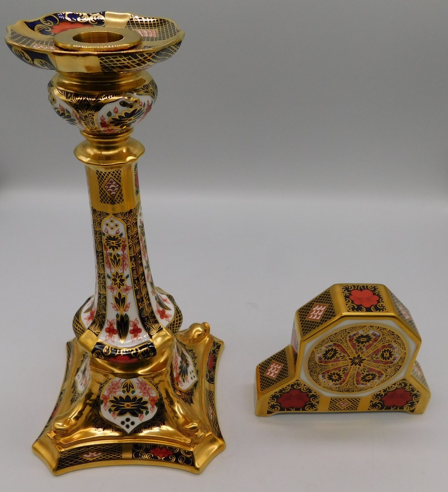 A Royal Crown Derby 1128 Imari tall candlestick, 1st quality along with a 2nd quality Imari mantle - Image 3 of 4