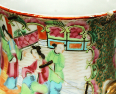 A pair of late 19th century Cantonese famille rose lidded vases, with elephant trunk handles and - Image 5 of 8