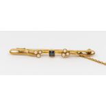 A sapphire and half pearl set 15ct gold bar brooch, length approx 50mm, total gross weight approx