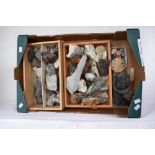 A collection of various rocks and minerals including copper, snow flake obsidian, flint, fossils,