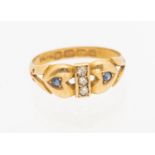 A Victorian sapphire and diamond 18ct gold ring, Birmingham 1894, the heart details set with