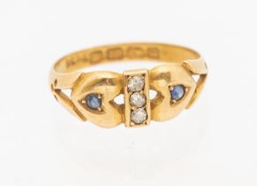 A Victorian sapphire and diamond 18ct gold ring, Birmingham 1894, the heart details set with