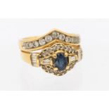 A sapphire and diamond  18ct gold ring with an attached diamond set wishbone, width approx 14mm,