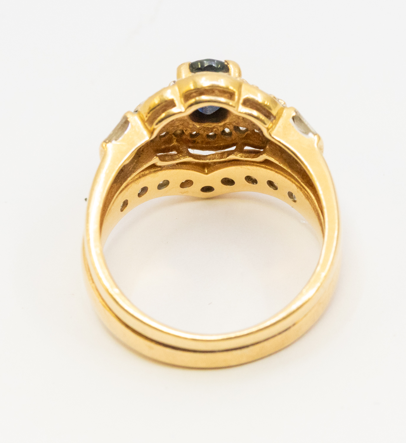 A sapphire and diamond  18ct gold ring with an attached diamond set wishbone, width approx 14mm, - Image 3 of 3