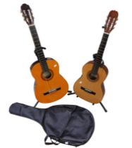 Two Hohner guitars on stands, one with carry case.
