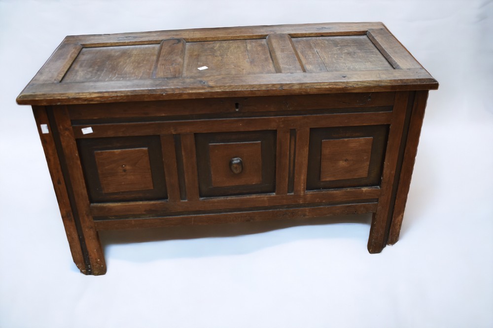 An early 18th Century oak coffer with three panelled front and top on block feet.