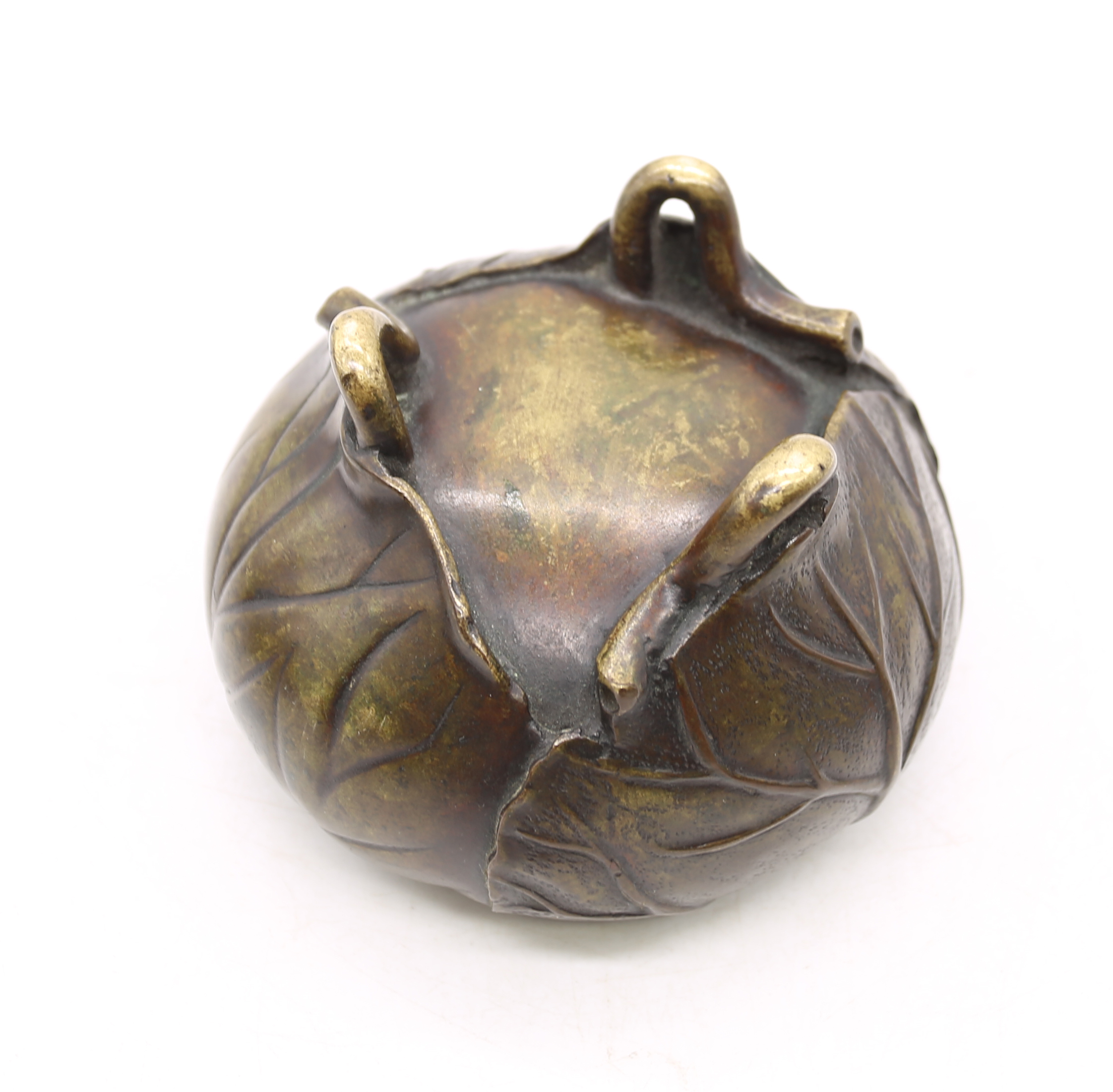 Oriental bronze items comprising a figural rat on a peach, tripod incense bowl decorated with - Image 2 of 4