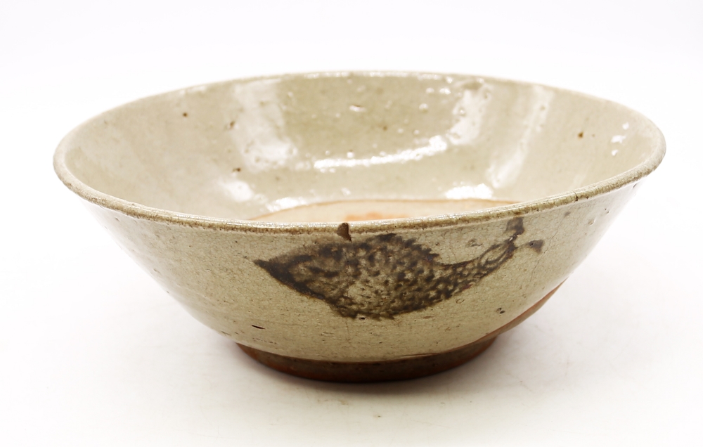 Two Chinese provincial possibly Swatow large glazed earthenware bowls, one plain, one decorated with - Image 2 of 7