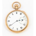 A 9ct gold open faced pocket watch, comprising a white enamel dial with numeral markers,