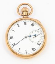 A 9ct gold open faced pocket watch, comprising a white enamel dial with numeral markers,