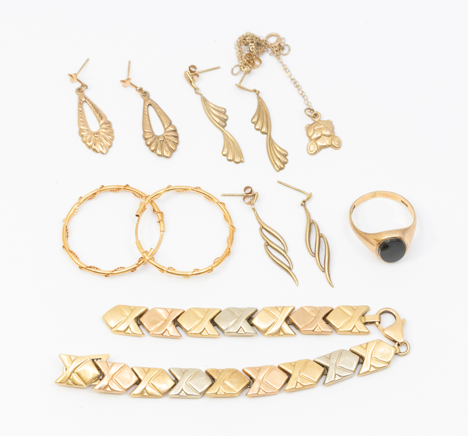 A collection of gold jewellery to include a pair of 18ct gold hoop earrings, weight approx 1.8gms, a
