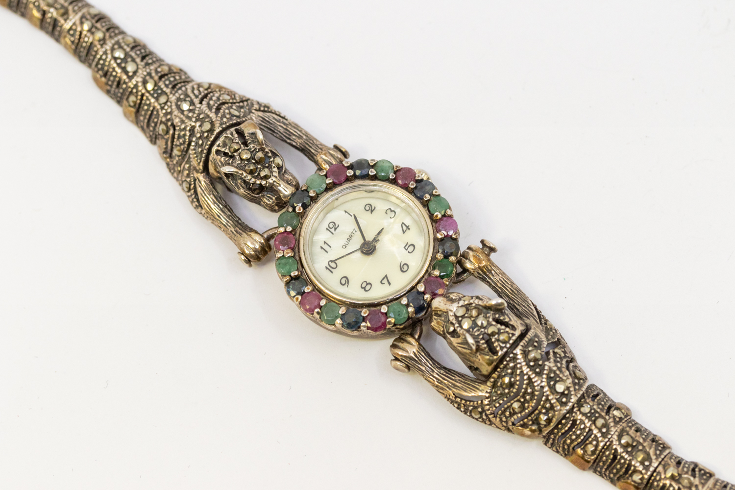 A ladies silver 925 gem set wristwatch, comprising a pearlized dial with arabic markers, the bezel - Image 2 of 4