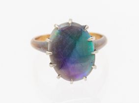 An opal doublet 18ct gold ring, comprising an oval opal doublet, length approx 14 x 10mm, size M,