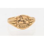 A 9ct gold signet ring, oval top engraved with horse 'King S' ridged shoulders, width approx 10mm,