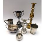 A collection of silver plated items to include tea sets, trophies and tankards , also included in