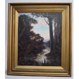 A late 19th century oil on canvas painting of a woodland scene, appears to be unsigned.