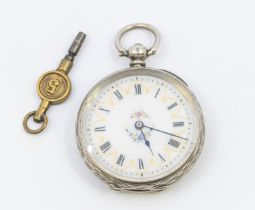 A ladies silver 935 open faced pocket watch, white enamel dial with gilt accents and foliate