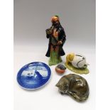 Royal Doulton figure of Blue Beard, Doulton Pooh money box, Goebel cat figure and Copenhagen