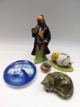 Royal Doulton figure of Blue Beard, Doulton Pooh money box, Goebel cat figure and Copenhagen