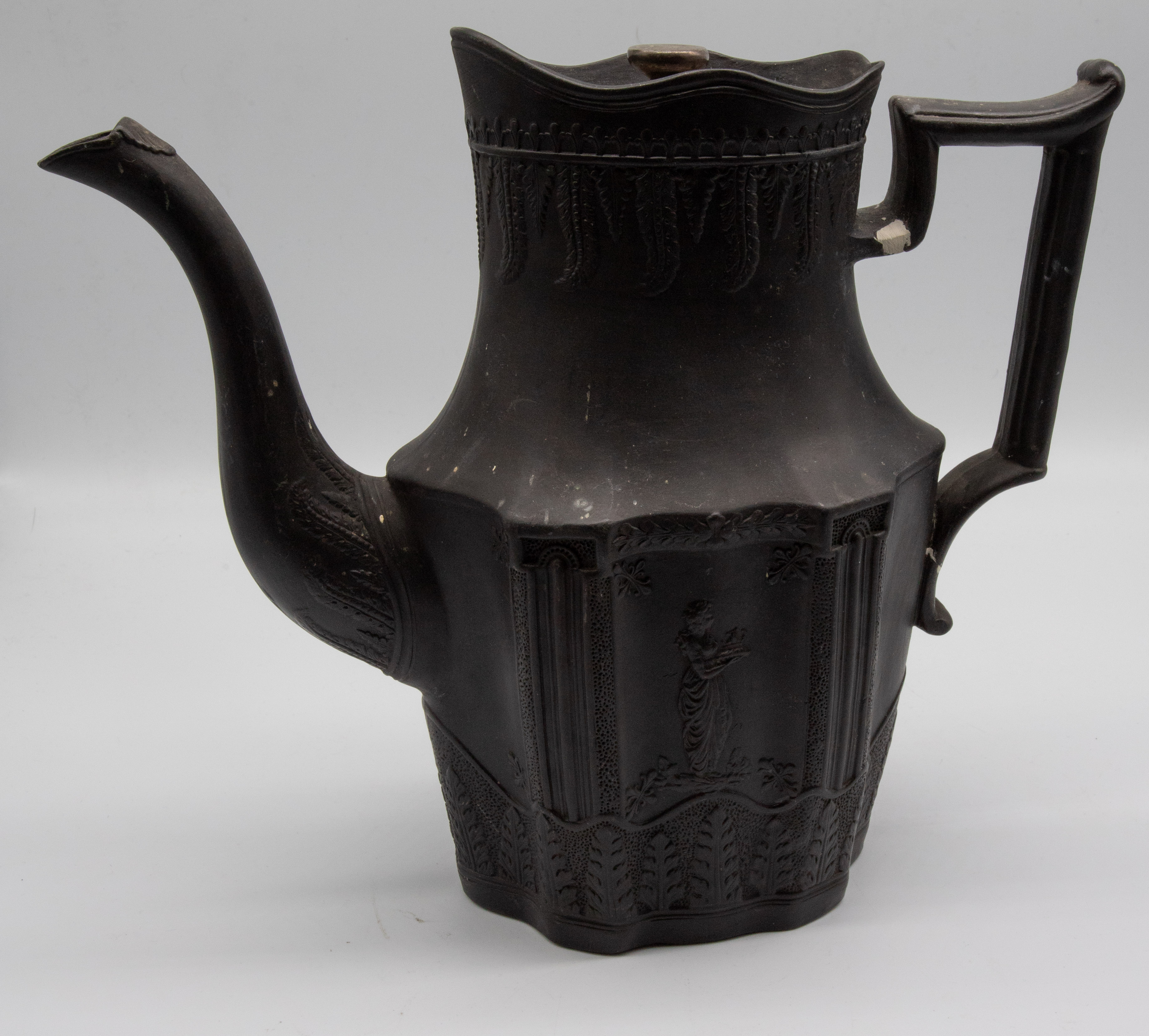 A Staffordshire black basalt coffee pot and metal cover, 19th century, unmarked, size 24cm high. - Image 2 of 7