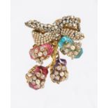 Miriam Haskell- a vintage gilt metal glass, seed bead and rhinestone spray brooch, comprising
