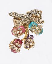 Miriam Haskell- a vintage gilt metal glass, seed bead and rhinestone spray brooch, comprising