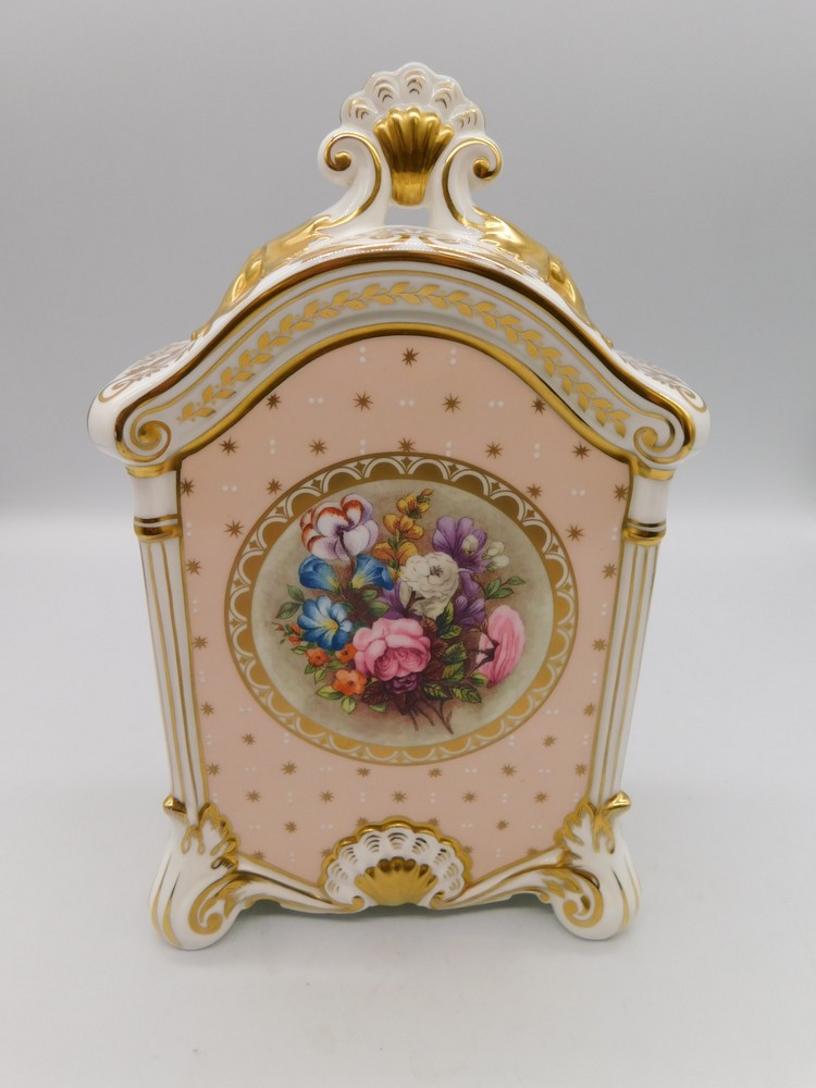 Royal Crown Derby boxed porcelain mantel clock with bouquet detail and Derbyshire scenes, Limited - Image 4 of 5
