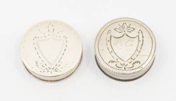 A George III silver Neo-Classical circular patch box and cover, the cover with shield shaped