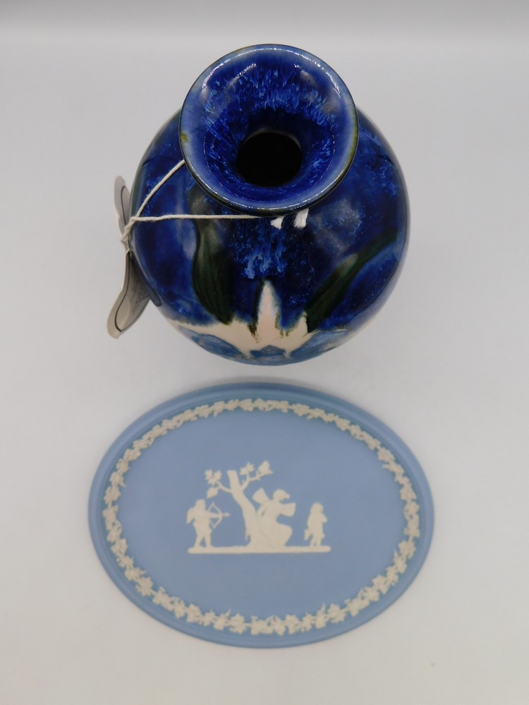A Cobridge Stoneware Trial vase with an Iris on a Blue Ground ,Anita Harris initial to base, year - Image 2 of 3