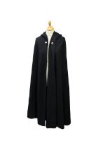 A granite grey opera cape with hood, two decorative button clips.