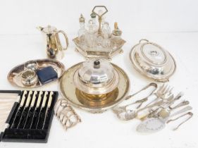 A collection of silver plated items to include; tureen and cover, table condiment set with glass