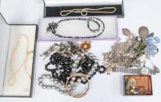 A collection of costume jewellery comprising various silver jewellery including chains, stick pin,