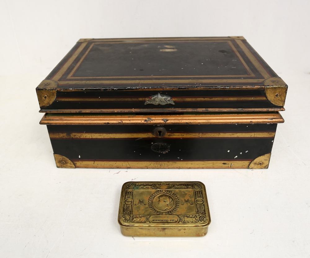A Victorian metal cash/dispatch box with keys along with a WWI Christmas tin box, manufactured in - Image 2 of 4