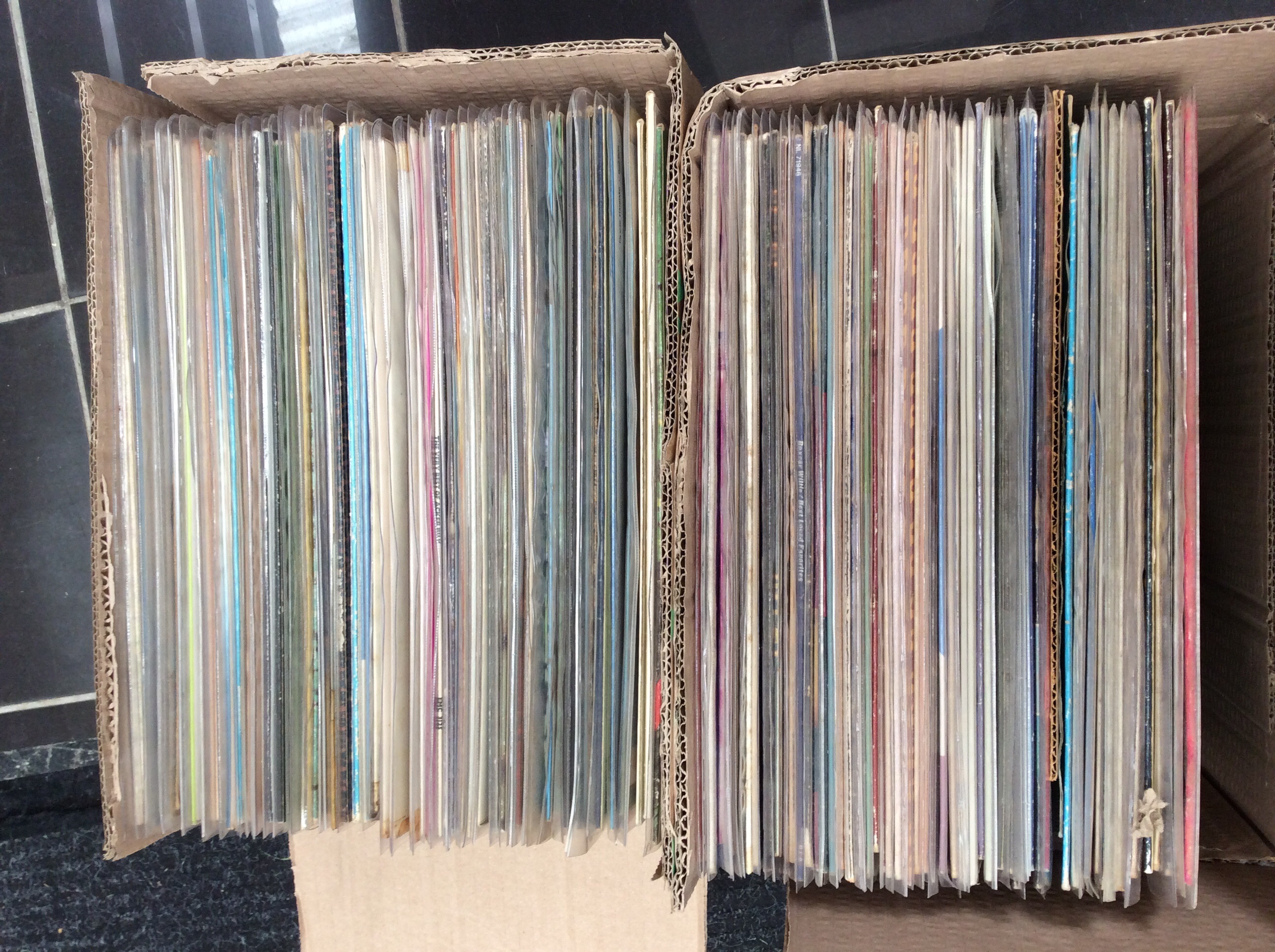 Two boxes of soul, country and easy listening LPs.