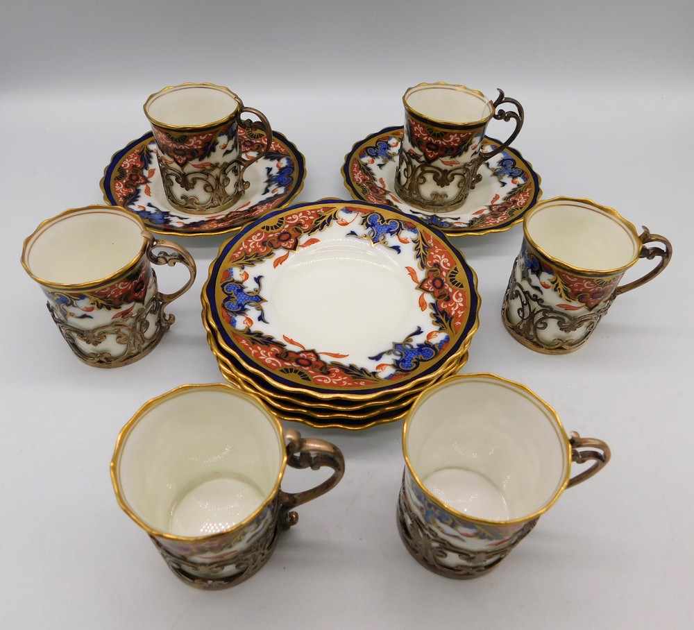 6 x Aynsley early 20th Century coffee cans & saucers , with silver can holders , 1 coffee can with a