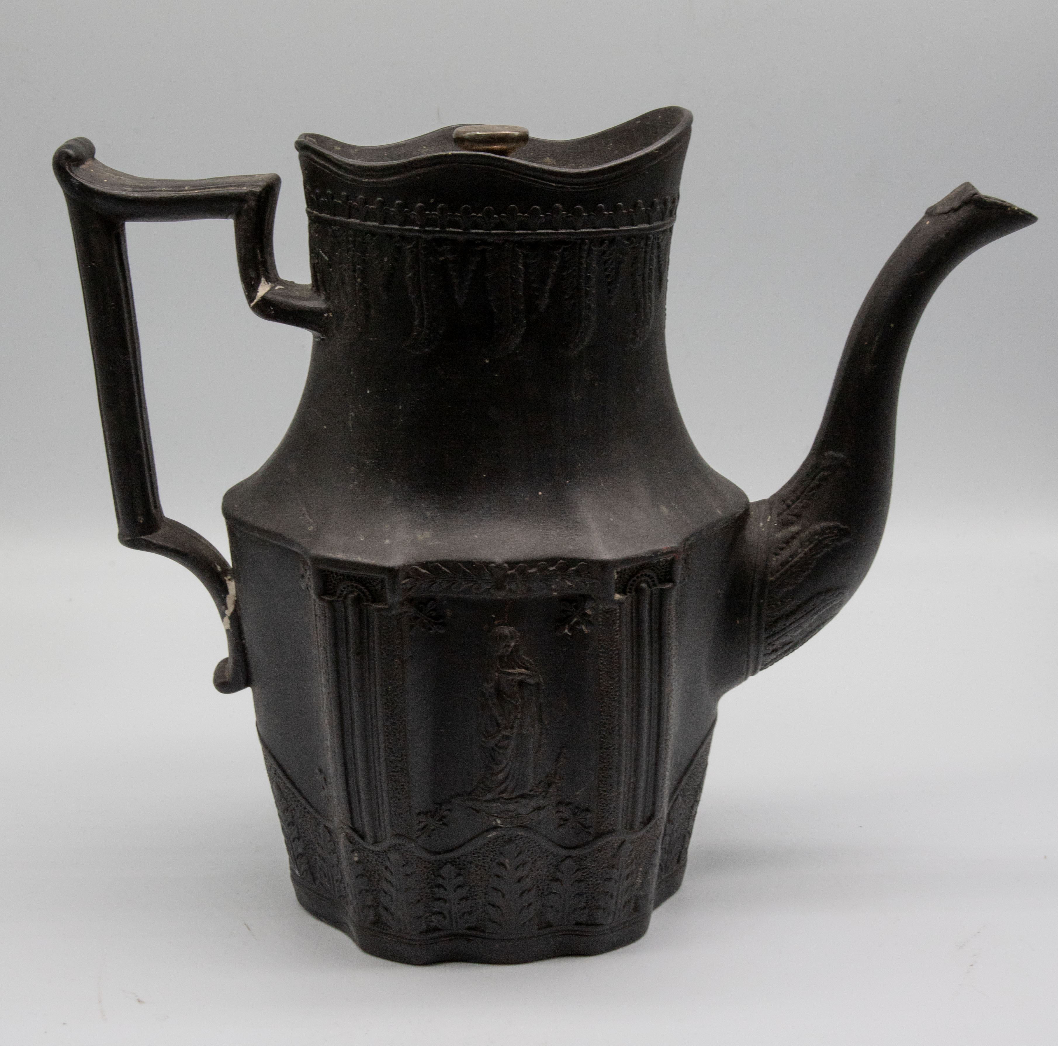A Staffordshire black basalt coffee pot and metal cover, 19th century, unmarked, size 24cm high. - Image 3 of 7