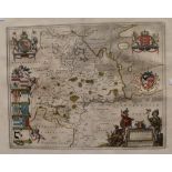 An 18th Century map of Huntingdon, Northampton and Bedfordshire, hand tinted frame.