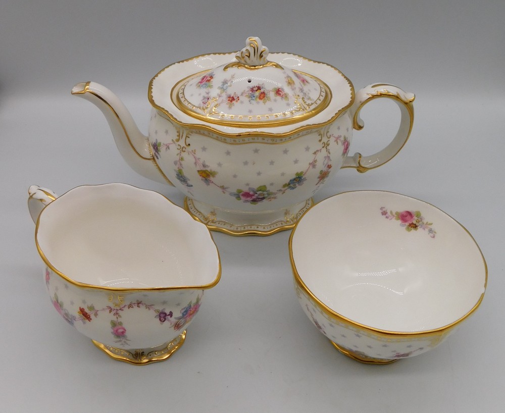 Royal Crown Derby 'Royal Antoinette': teapot (second quality) milk jug (first quality) and sugar - Image 4 of 5