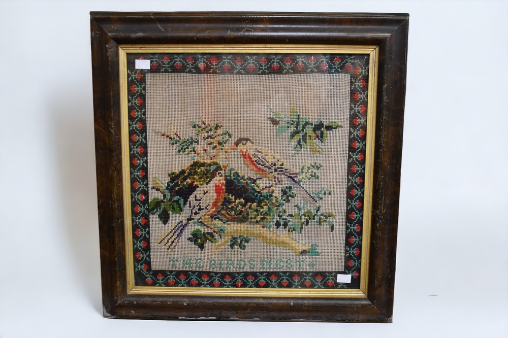 Two 19th Century samplers, both c1877, one with birds and cat, other just birds, both framed, 43cm x - Image 2 of 2