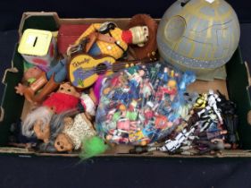 A collection of Star wars figures, vintage Trolls and Playmobile figures etc.