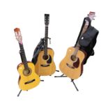 A Burswood acoustic guitar, Hohner and Herold guitars, all on stands, two with carry cases.